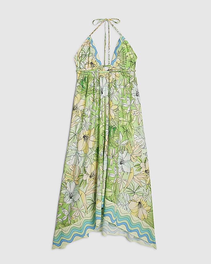 Green Cotton Tropicana Plunge Maxi Dress