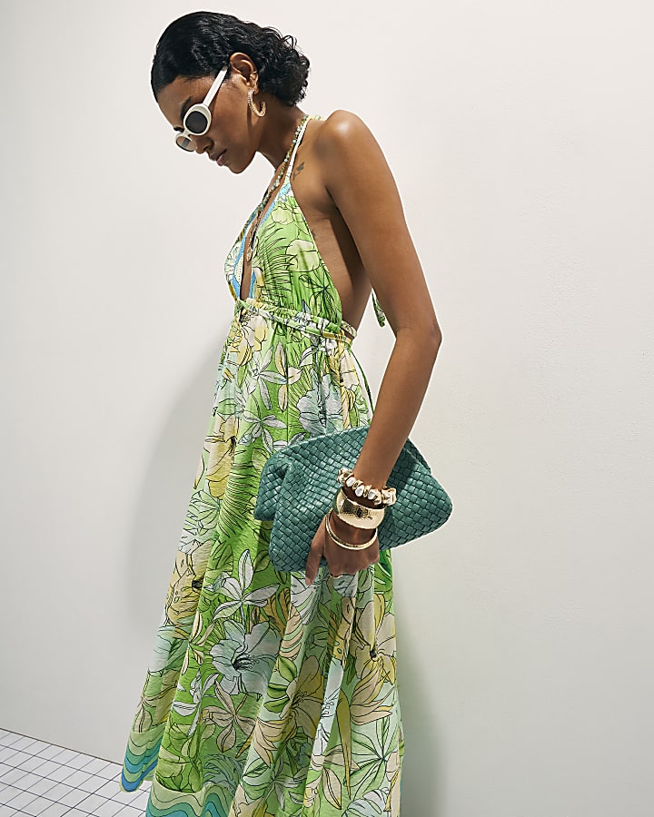 Green Cotton Tropicana Plunge Maxi Dress