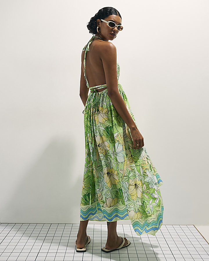 Green Cotton Tropicana Plunge Maxi Dress