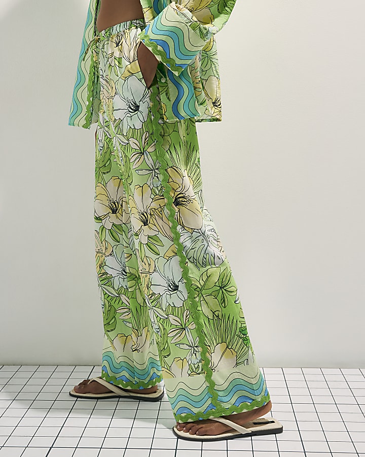Green Cotton Tropicana Wide Leg Trousers