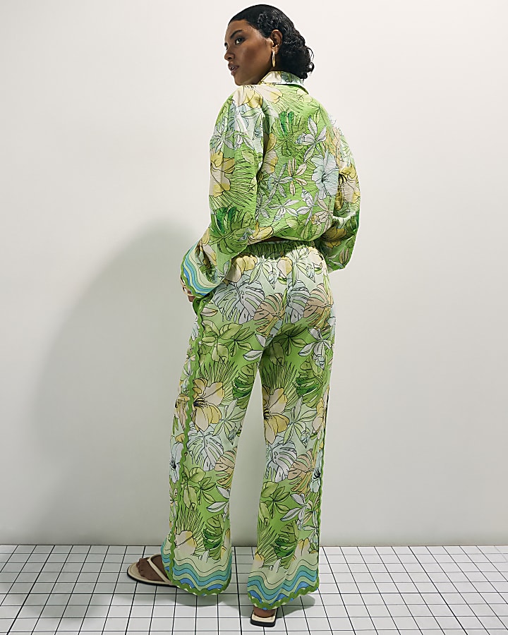 Green Cotton Tropicana Wide Leg Trousers