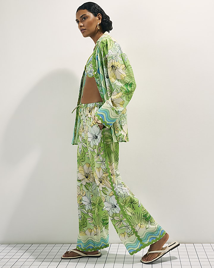 Green Cotton Tropicana Wide Leg Trousers