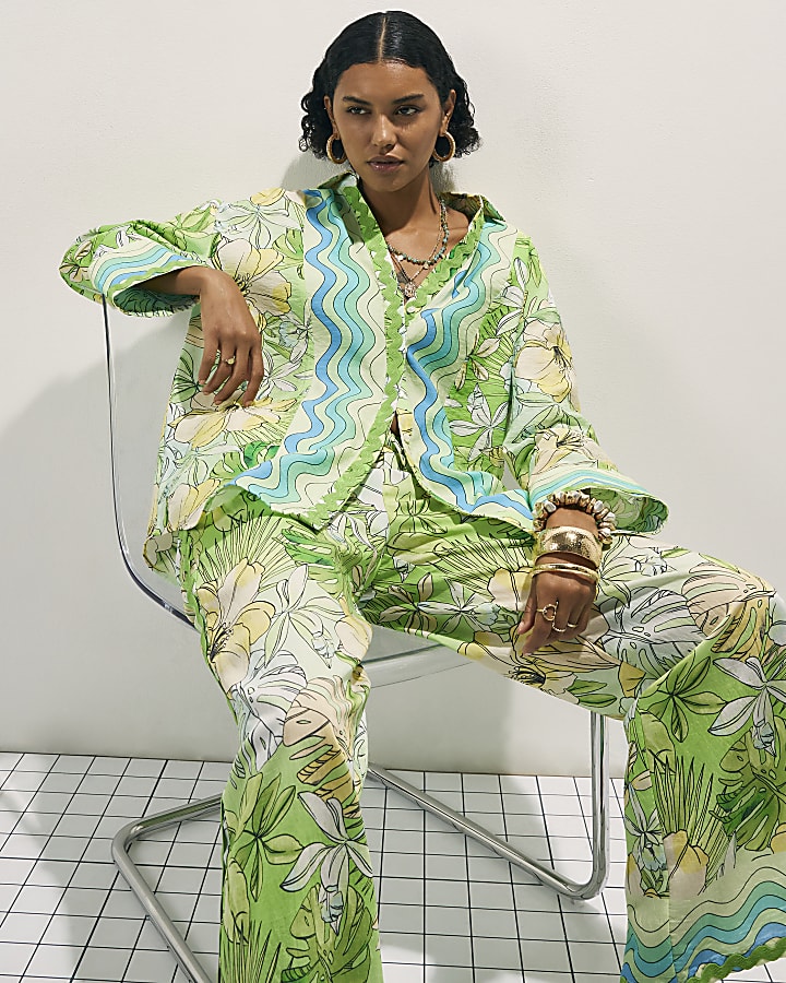 Green Cotton Tropicana Wide Leg Trousers