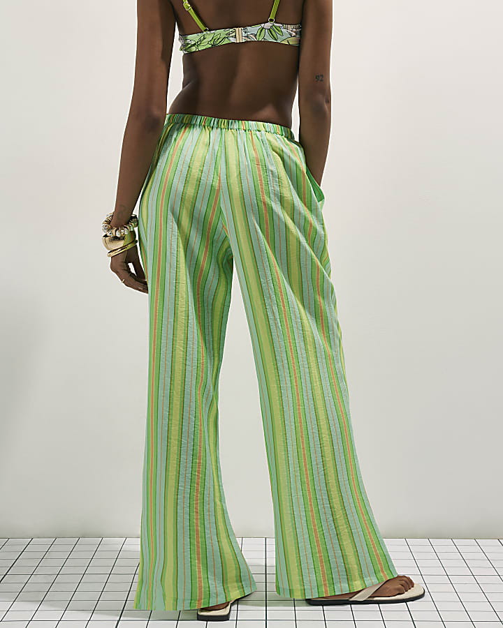 Green Cotton Neon Stripe Trousers