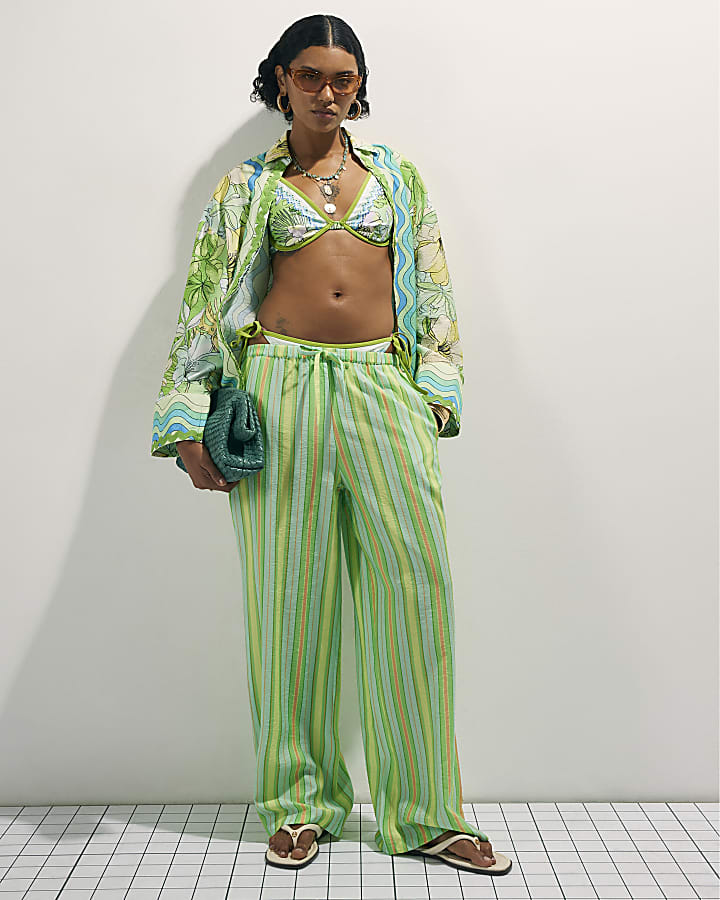 Green Cotton Neon Stripe Trousers