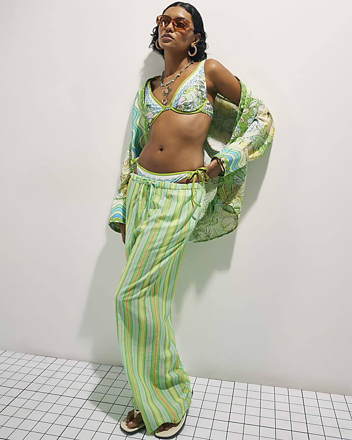 Green Cotton Neon Stripe Trousers