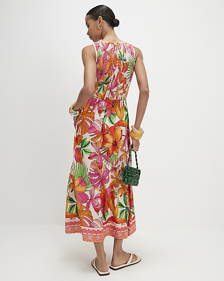 Pink Tropical Print Shirred Midi Dress