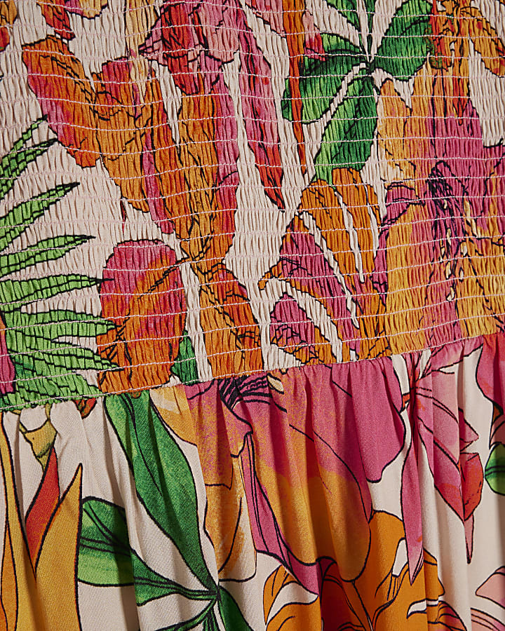 Pink Tropical Print Shirred Midi Dress