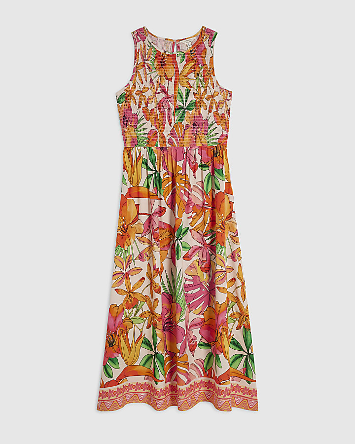 Pink Tropical Print Shirred Midi Dress