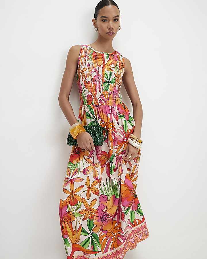 Pink Tropical Print Shirred Midi Dress