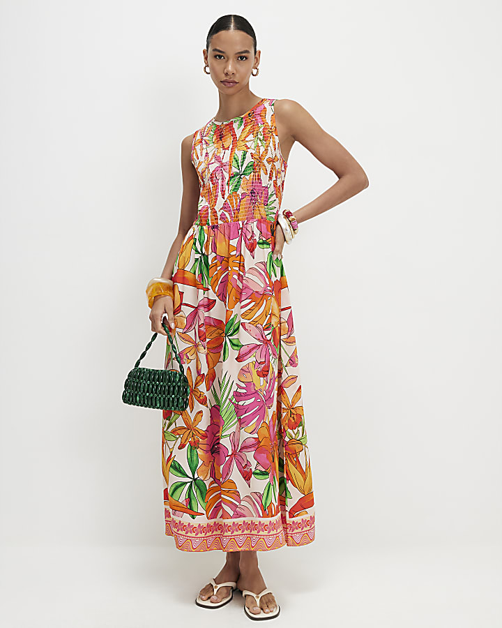 Pink Tropical Print Shirred Midi Dress