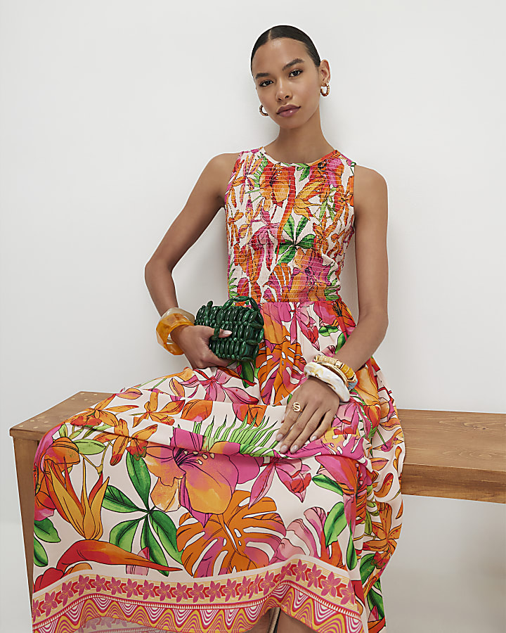 Pink Tropical Print Shirred Midi Dress