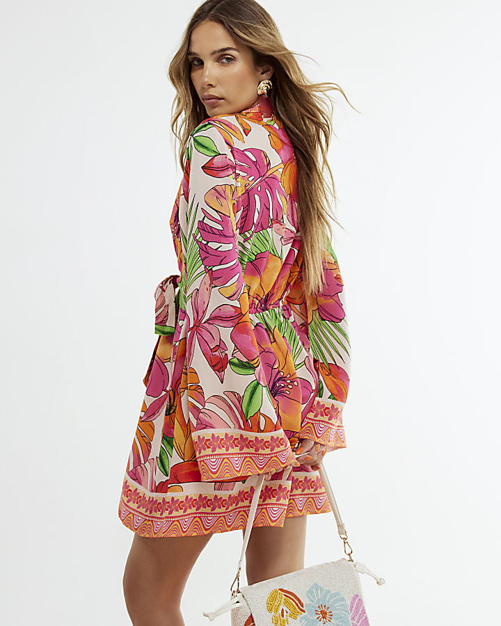 Pink Cotton Tropicana Tie Front Mini Dress