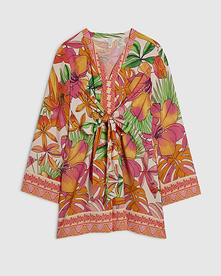 Pink Cotton Tropicana Tie Front Mini Dress
