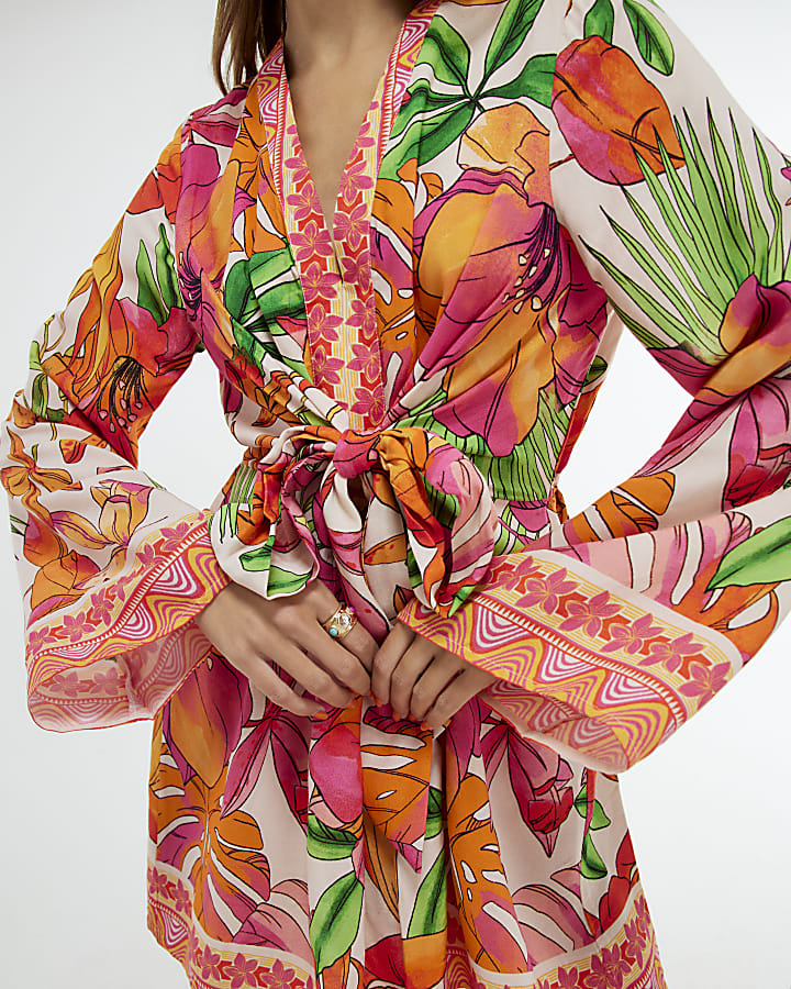 Pink Cotton Tropicana Tie Front Mini Dress