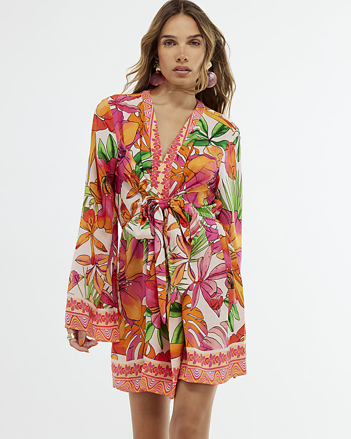 Pink Cotton Tropicana Tie Front Mini Dress