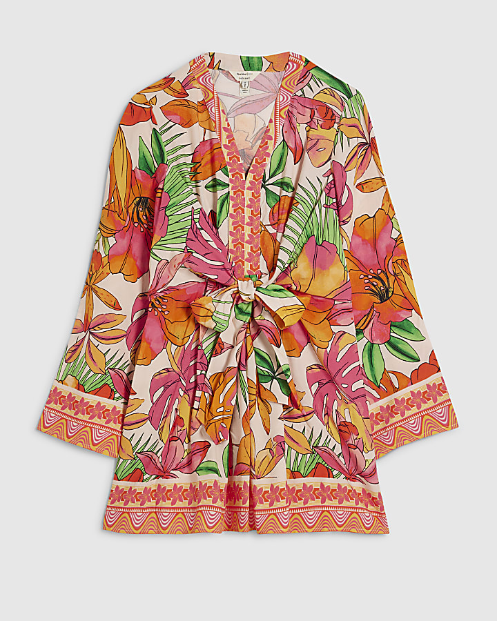 Petite Pink Tropicana Tie Front Mini Dress
