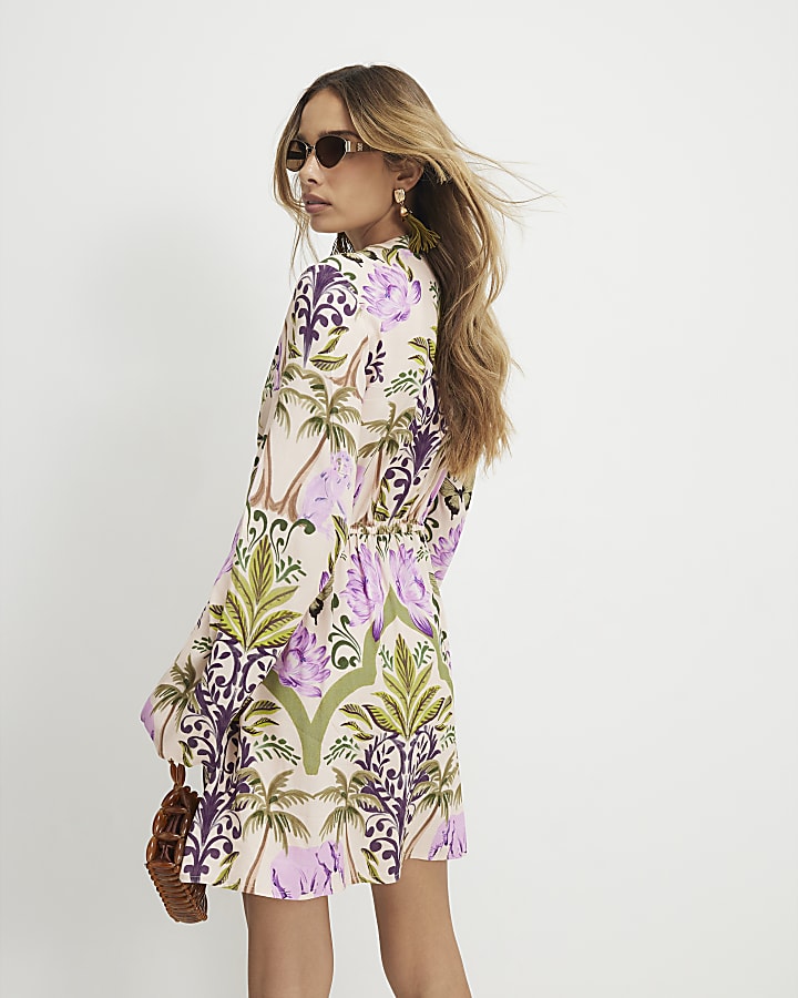 Purple Cotton Tropicana Tie Front Mini Dress