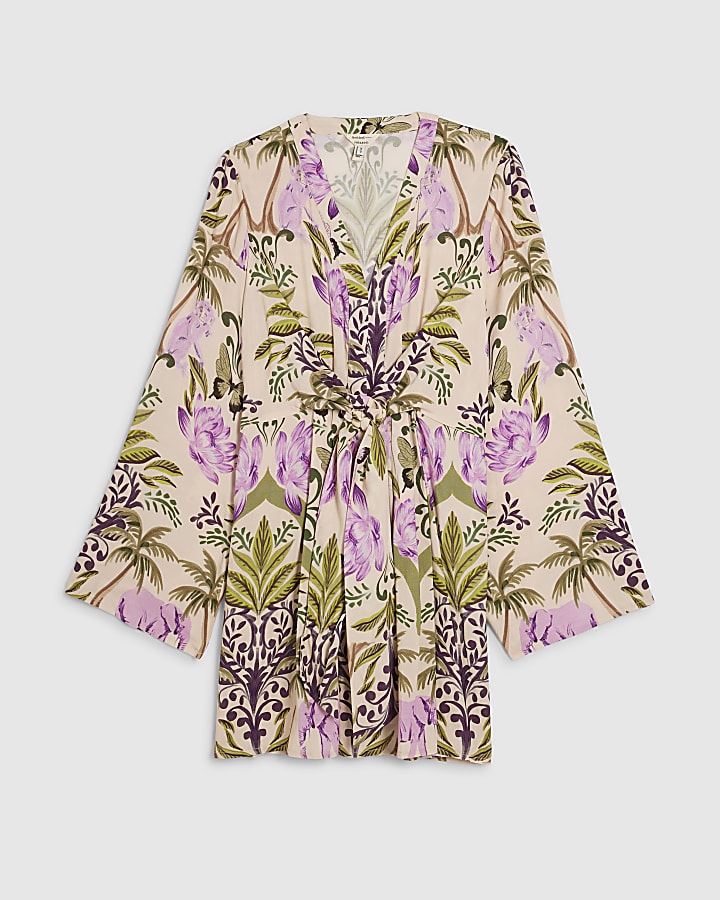 Purple Cotton Tropicana Tie Front Mini Dress
