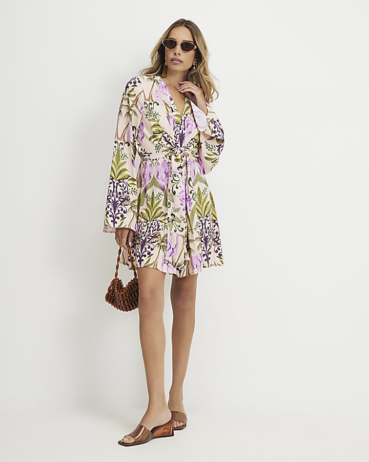 Purple Cotton Tropicana Tie Front Mini Dress