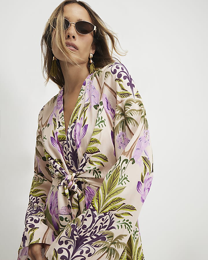 Purple Cotton Tropicana Tie Front Mini Dress