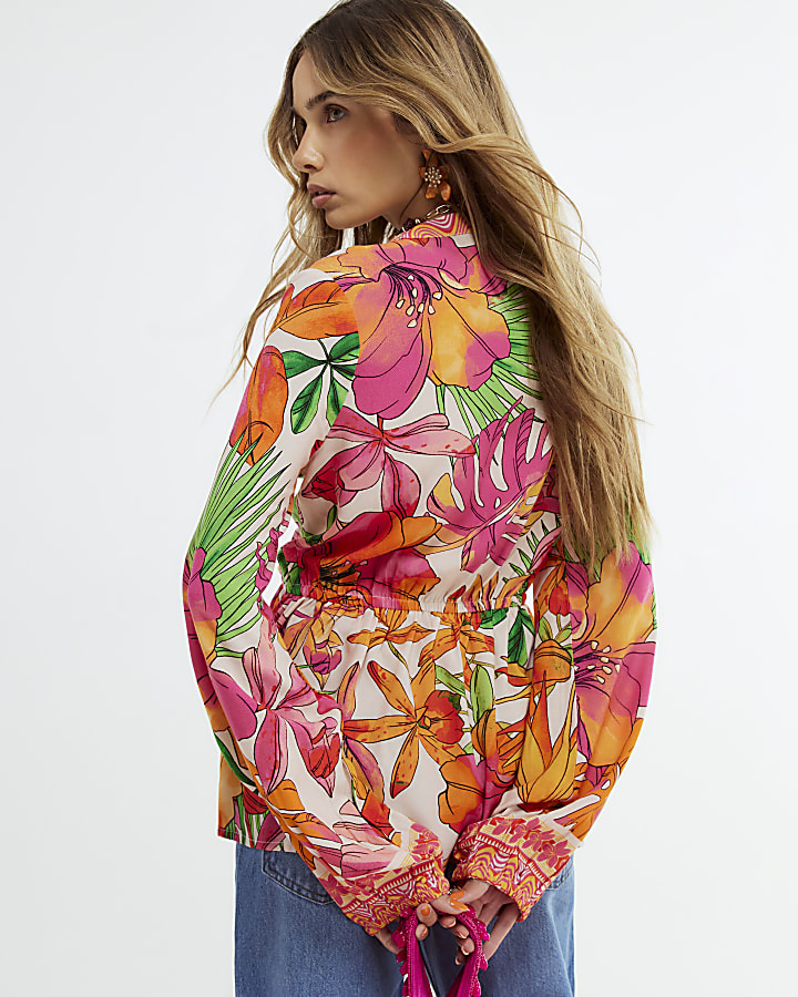 Pink Tropicana Print Tie Front Blouse