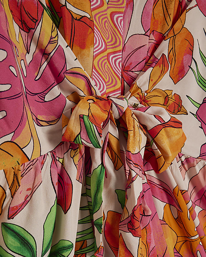 Pink Tropicana Print Tie Front Blouse