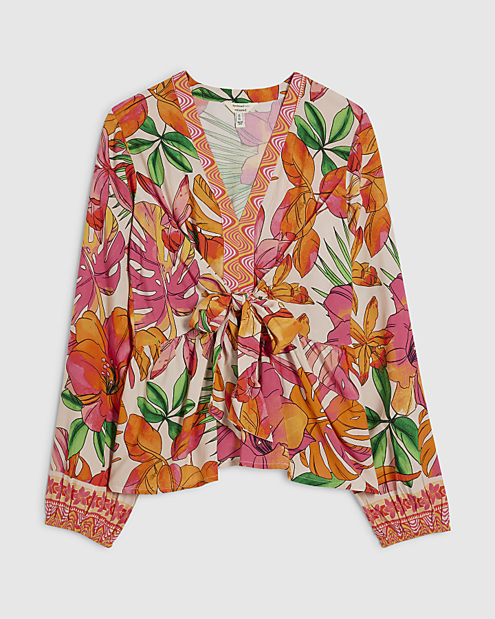 Pink Tropicana Print Tie Front Blouse