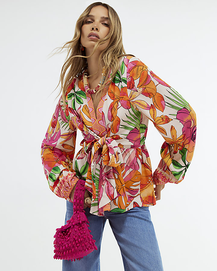Pink Tropicana Print Tie Front Blouse