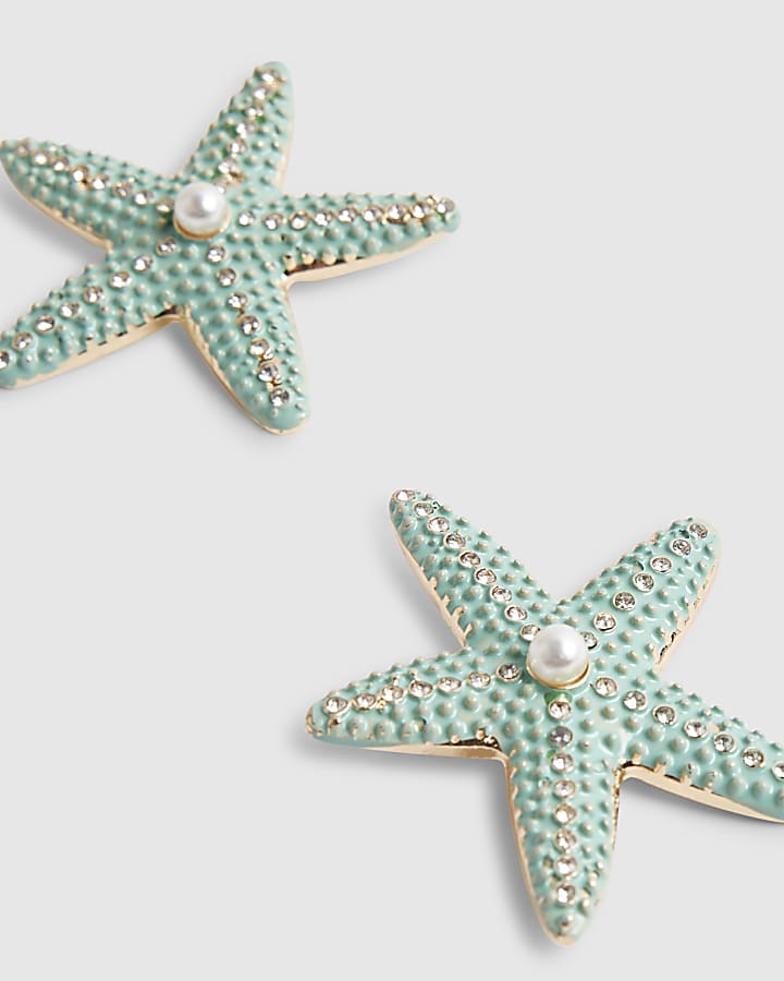 Blue Beaded Starfish Stud Earrings