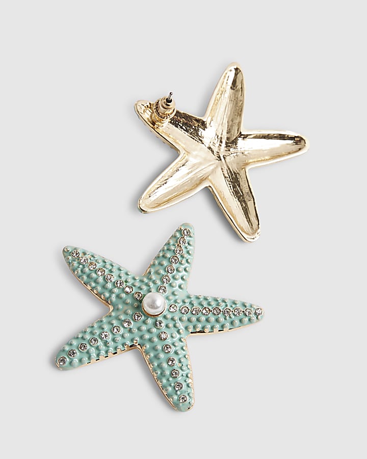Blue Beaded Starfish Stud Earrings