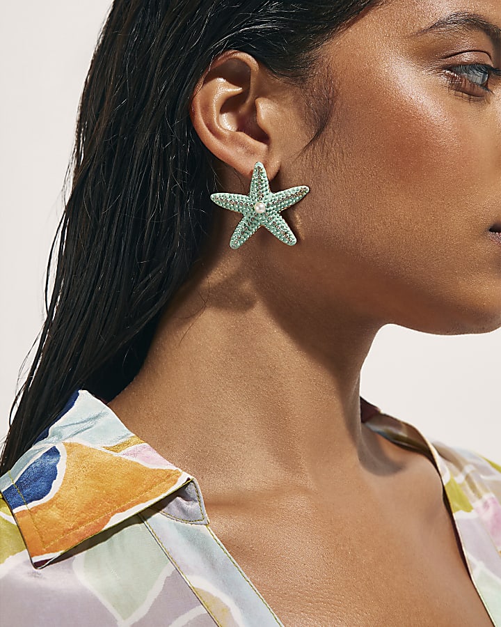 Blue Beaded Starfish Stud Earrings