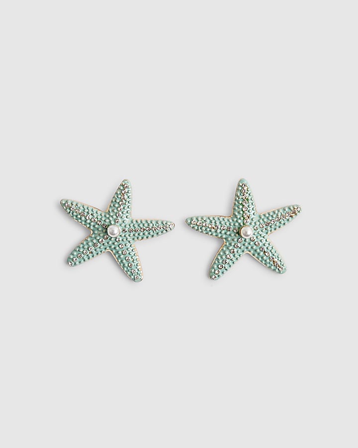 Blue Beaded Starfish Stud Earrings