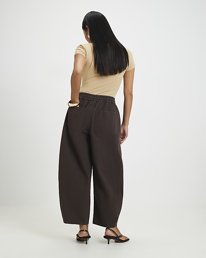 Petite Brown Denim Elastic Tapered Trousers