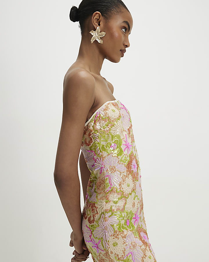 Orange Floral Sequin Bandeau Midi Dress