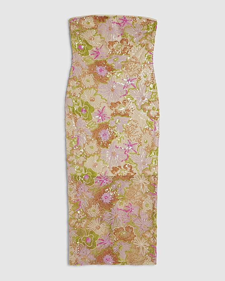Orange Floral Sequin Bandeau Midi Dress