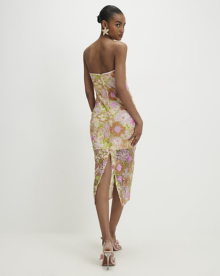 Orange Floral Sequin Bandeau Midi Dress