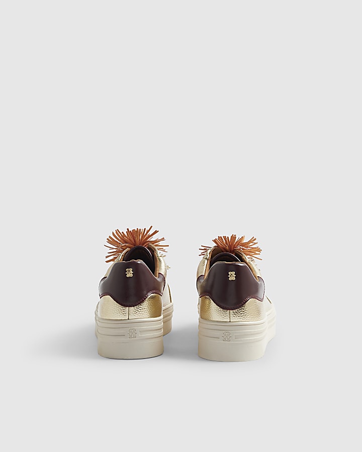 Gold Pom Lace up Flatform Trainers
