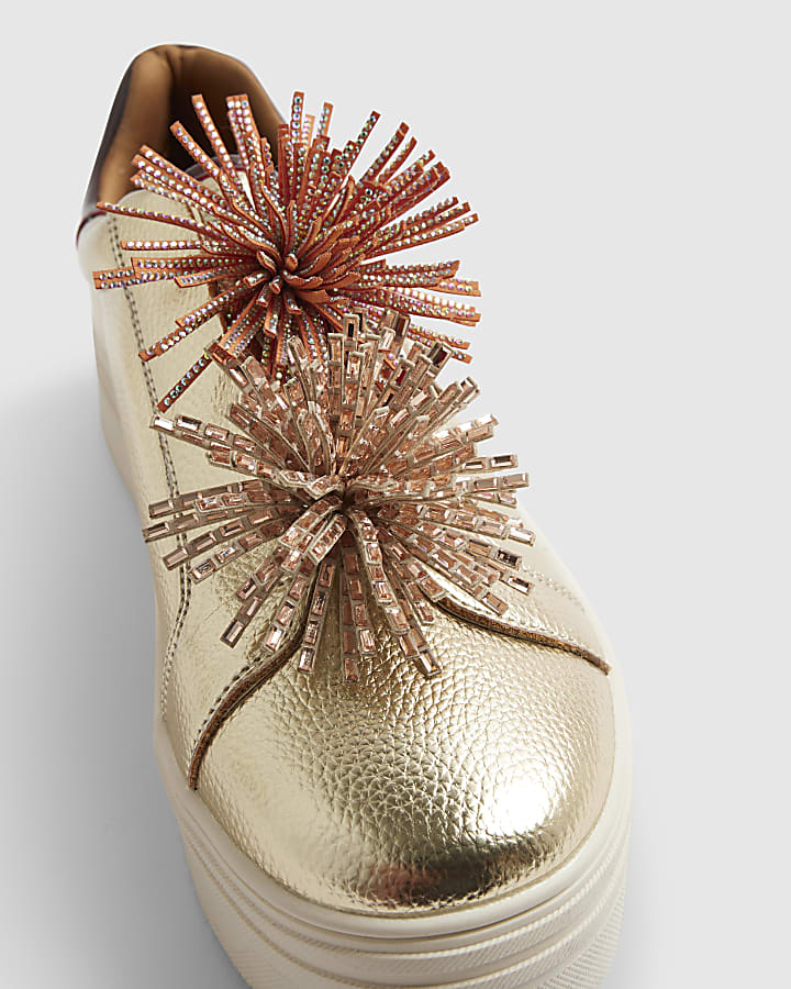 Gold Pom Lace up Flatform Trainers