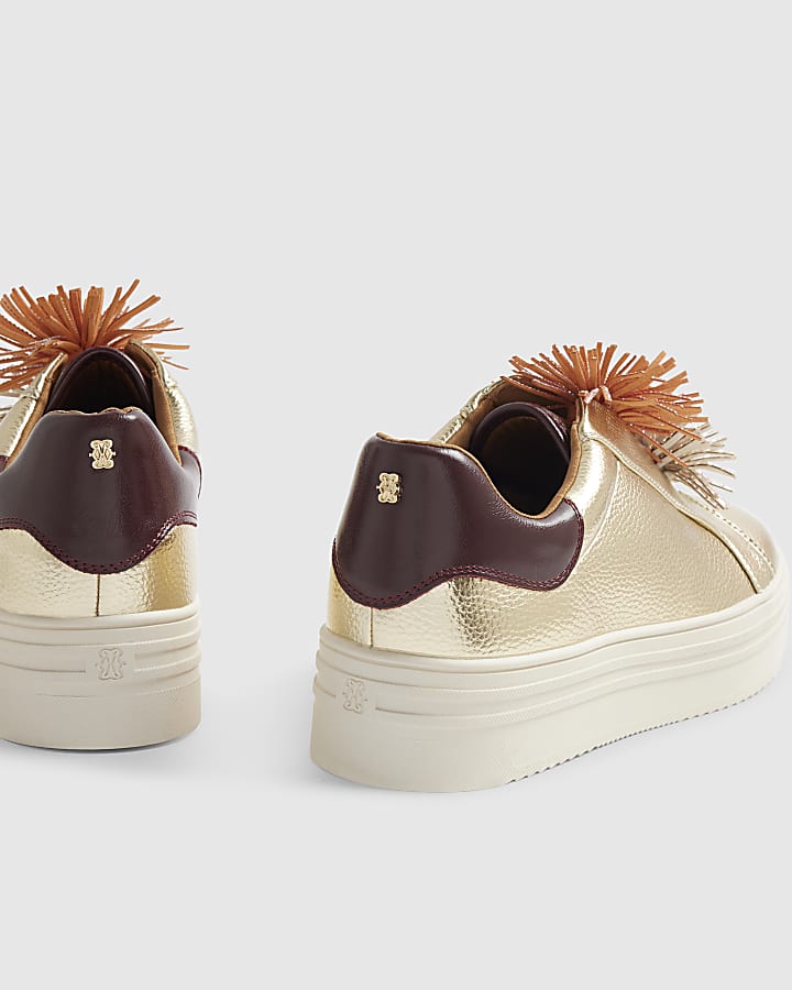 Gold Pom Lace up Flatform Trainers