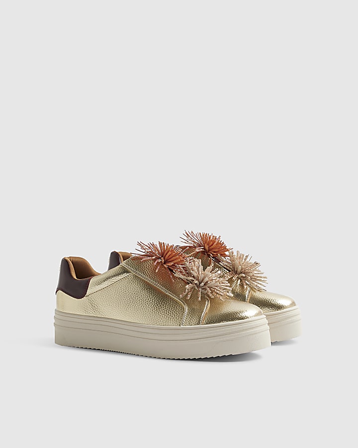 Gold Pom Lace up Flatform Trainers