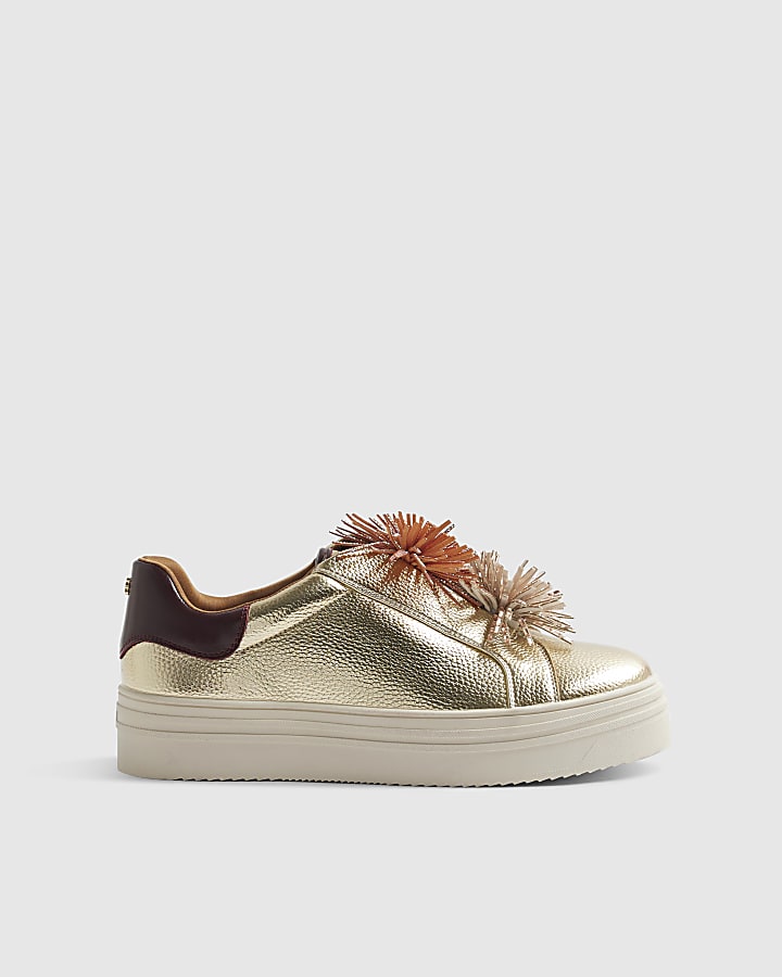 Gold Pom Lace up Flatform Trainers