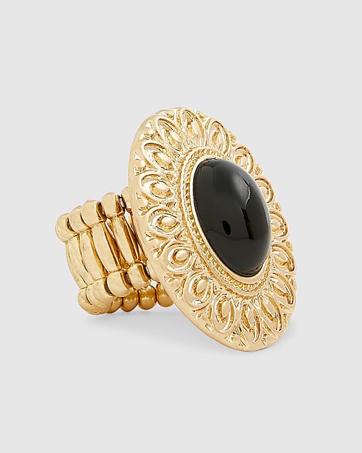 Gold stretch black stone ring