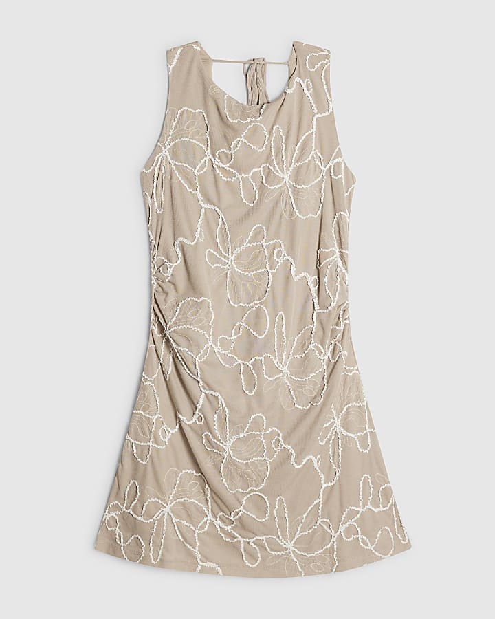 Beige Sleeveless Embroidered Mini Dress