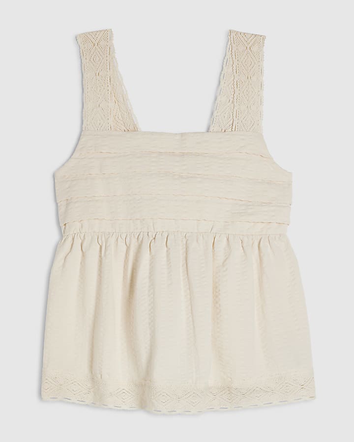 Cream Cotton Blend Seersucker Tank Top