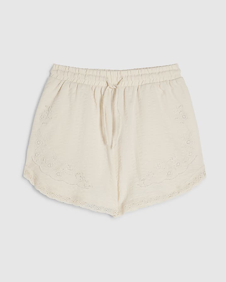 Cream Seersucker Embroidered Shorts