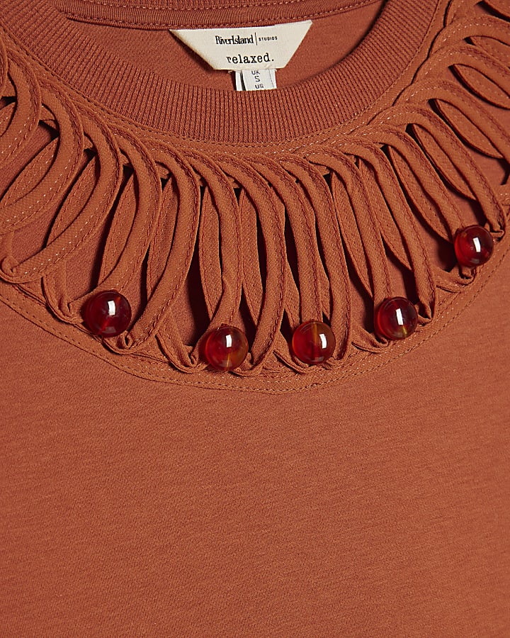 Orange Short Sleeve Beaded Cut Out T-shirt