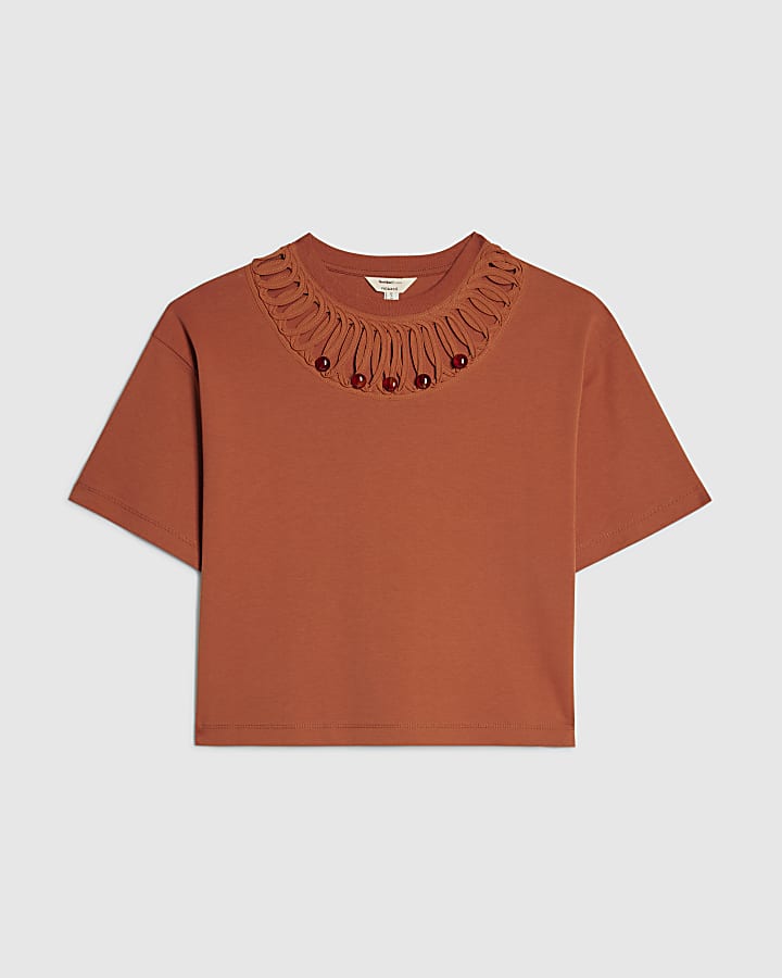 Orange Short Sleeve Beaded Cut Out T-shirt