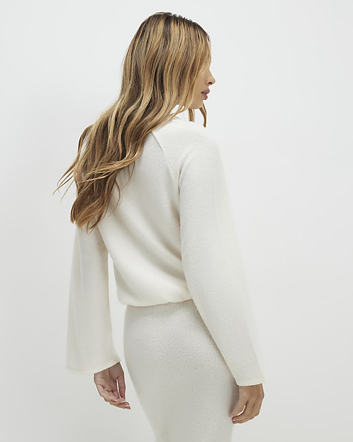 Cream Long Sleeve Bubble Hem Ribbed Top