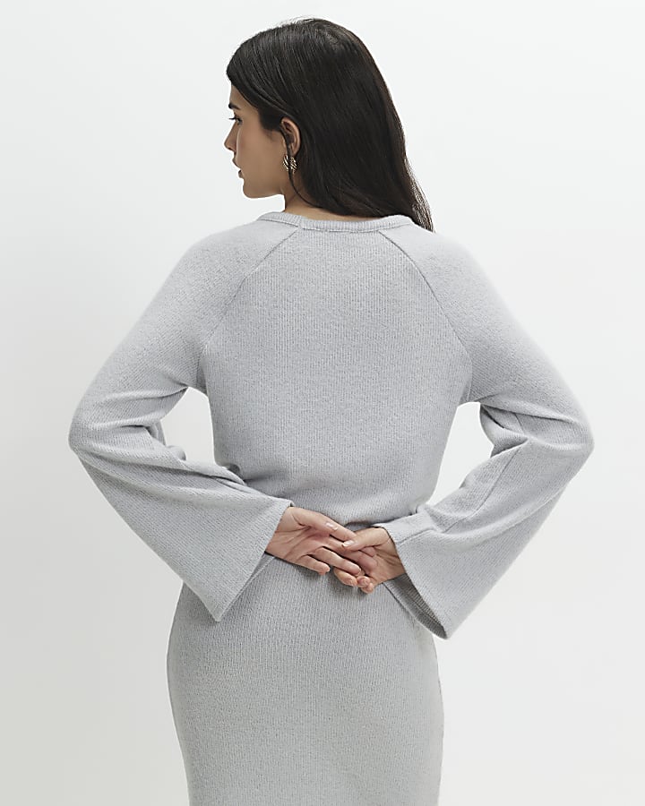 Petite Grey Bubble Hem Ribbed Top